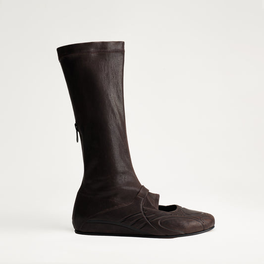 Brown stretch leather knee-high boot
